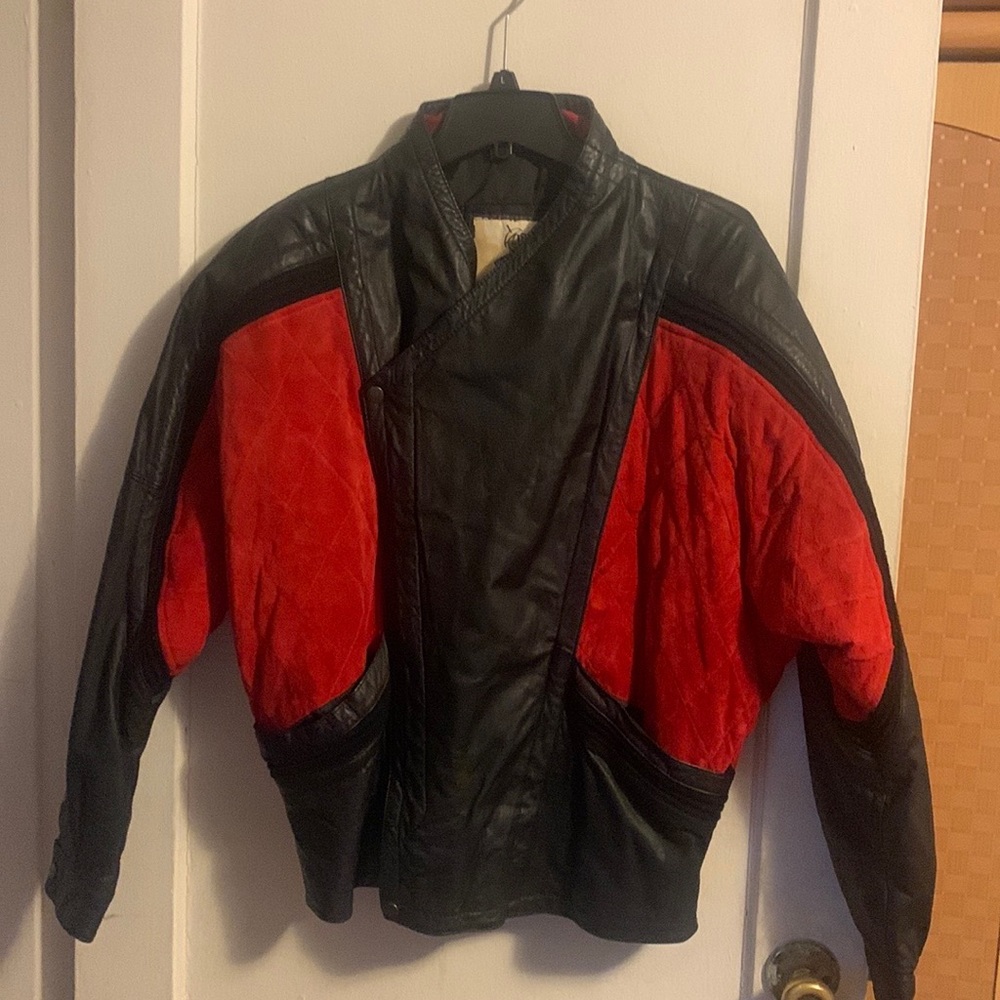 Mens Genuine Leather Jacket M Used like new.Black leather and Red suede leather